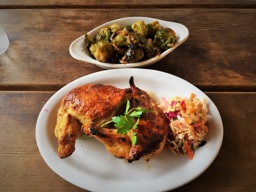 Maple Lacquered & Curry Rubbed Free Chicken with Brussel Sprouts