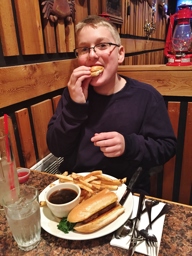 Son trying the Polish Dip Sandwhich - Shirley's Tippy Canoe