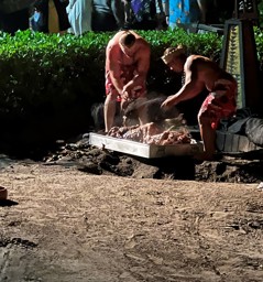 Pulling the Pig out of the ground at Germaine's Luau