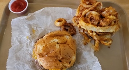 Krazy Jim's Blimpy Burger Quad Cheese Burger with Onion Rings