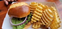 Salmon Burger with Waffle Fries at the Fisherman's Market
