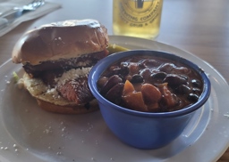 Hot Link Sandwich with a Side of Beans at the Baby Blues Bar-B-Q