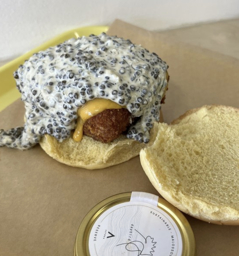 Fish sandwich with yuzu and caviar sauce