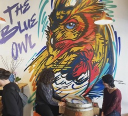 the blue owl logo art on the wall