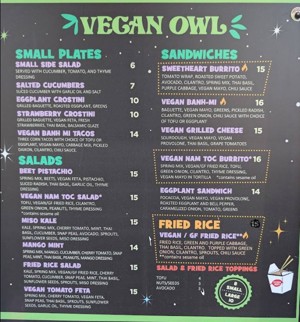 The Blue Owl Vegan Menu