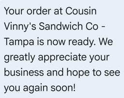 Cousin Vinny's Sandwich Co Order Confirmation