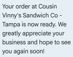 Cousin Vinny's Sandwich Co Order Confirmation
