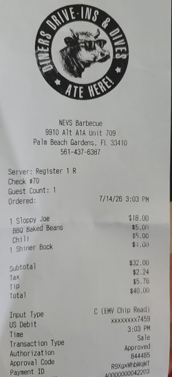 NEVS Barbecue Receipt! They are proud to be a part of the Triple D Family.